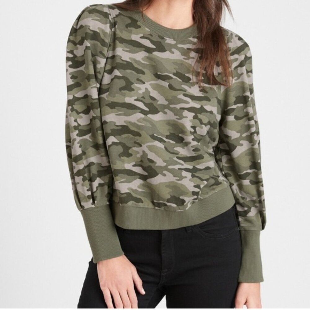 Banana Republic NEW Camo Sweatshirt Crew Neck Puff Sleeves Cotton French Terry L